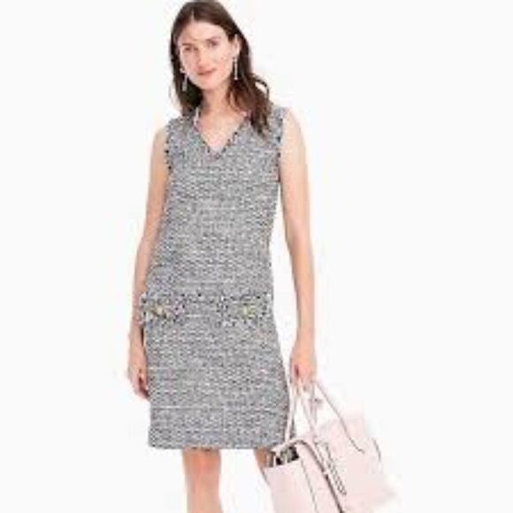 J. Crew Fringe V Neck Sleeveless Tweed Gold Button Black Pink Shift Dress Size 8 - Picture 9 of 9